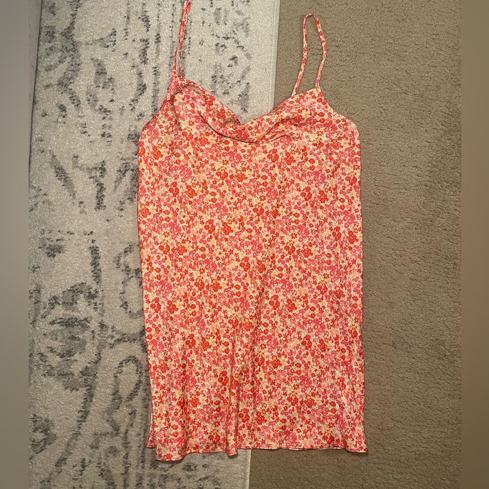 ABOUND ❤️🧡🩷 Cowl neck Satin Chemise in pink ribbon dense ditsy floral dress